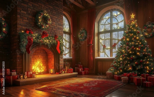 Wallpaper Mural Cozy living room with decorated Christmas tree beside a lit fireplace, warm holiday ambiance. Torontodigital.ca