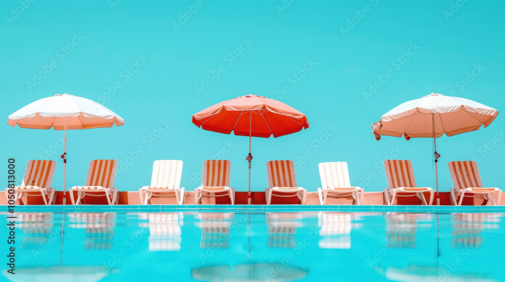 Fototapeta premium Vibrant poolside scene featuring orange and white striped umbrellas casting shade over matching lounge chairs, against a clear sky.