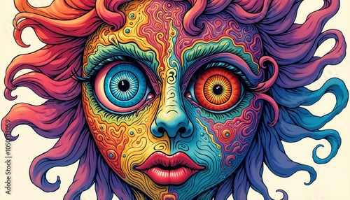 Colorful abstract face with intricate patterns and large eyes