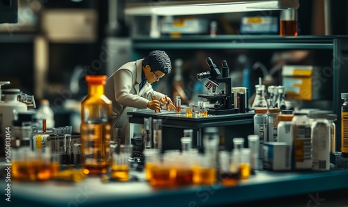 A scientist works with beakers in a lab.