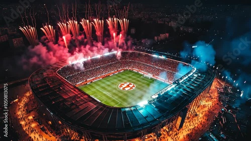 A packed stadium in the middle of a fireworks show