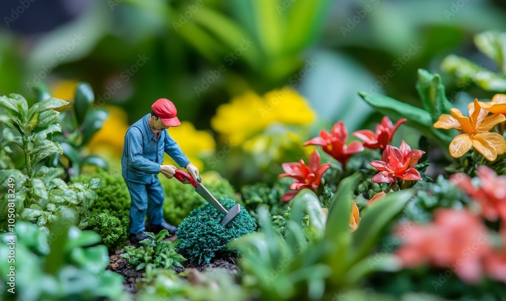Fototapeta premium Miniature gardener tending to a miniature garden.