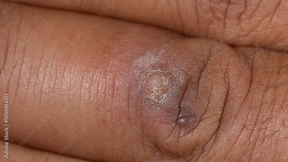 Epidermal wart on human skin, close-up showing infection and surface irregularity. Epidermal wart on human skin, close-up showing infection and surface irregularity.