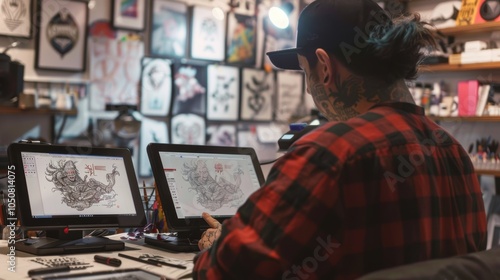 Tattoo Design Workshop with Artists Crafting Intricate Custom Designs on Tablets and Sketchpads photo