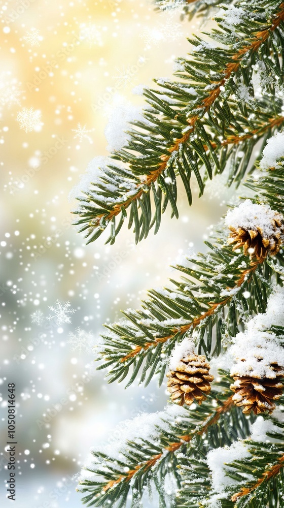 Snow-covered pine branch with frosty cones in a winter wonderland setting. Snow-covered pine branch with frosty cones in a winter wonderland setting.