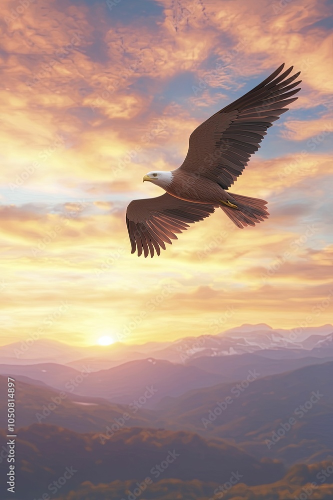 Naklejka premium Freedom bird gliding through varied terrains, radiant dawn backdrop, digital artwork.