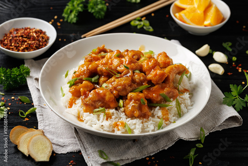 Chinese orange chicken with rice and green onion garnish photo