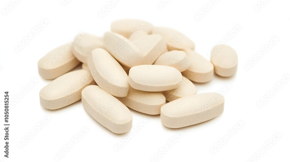 Close up of a pile of white pills on a white background. Close up of a pile of white pills on a white background.