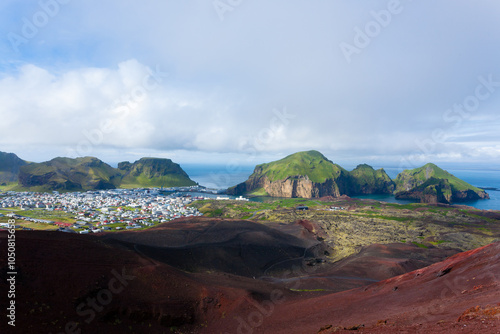 Heimaey town aerial view from Eldfell volcano. photo