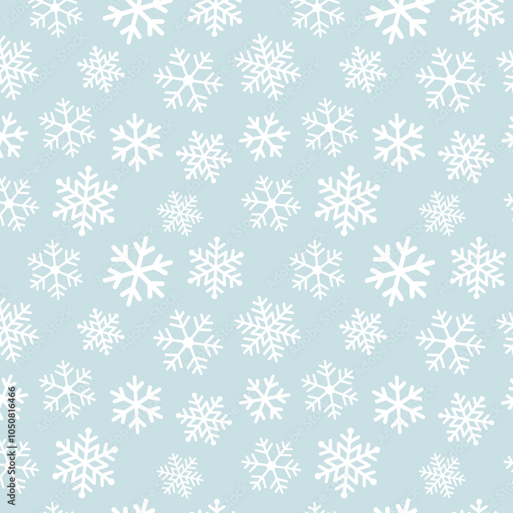 Snowflakes seamless background. Subtle vector pattern with small hand drawn white snowflakes on blue backdrop. Winter holidays theme, New Year texture. Elegant repeat design for decor Snowflakes seamless background. Subtle vector pattern with small hand drawn white snowflakes on blue backdrop. Winter holidays theme, New Year texture. Elegant repeat design for decor