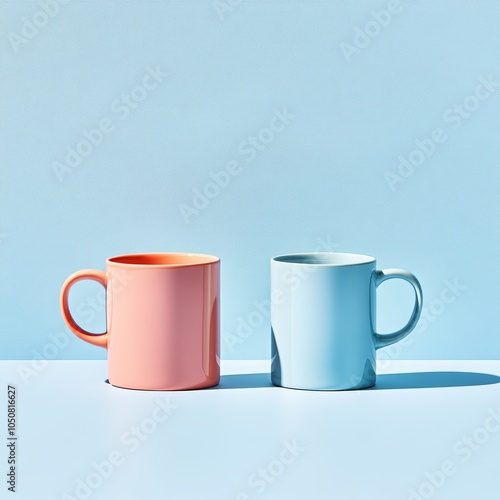 a pink and a blue mug against blue background