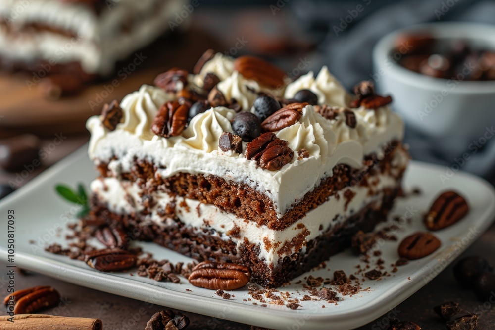 Delicious Chocolate Cake with Pecan and Whipped Cream Delicious Chocolate Cake with Pecan and Whipped Cream