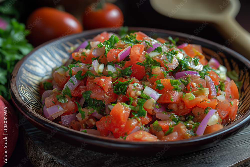 Kachumbari - Fresh Tomato and Onion Salad with Chili, Served as a Vibrant Side Dish Kachumbari - Fresh Tomato and Onion Salad with Chili, Served as a Vibrant Side Dish