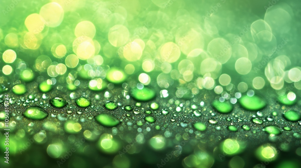 Fototapeta premium Dewdrops glisten on a vibrant green surface, creating a mesmerizing bokeh effect, AI
