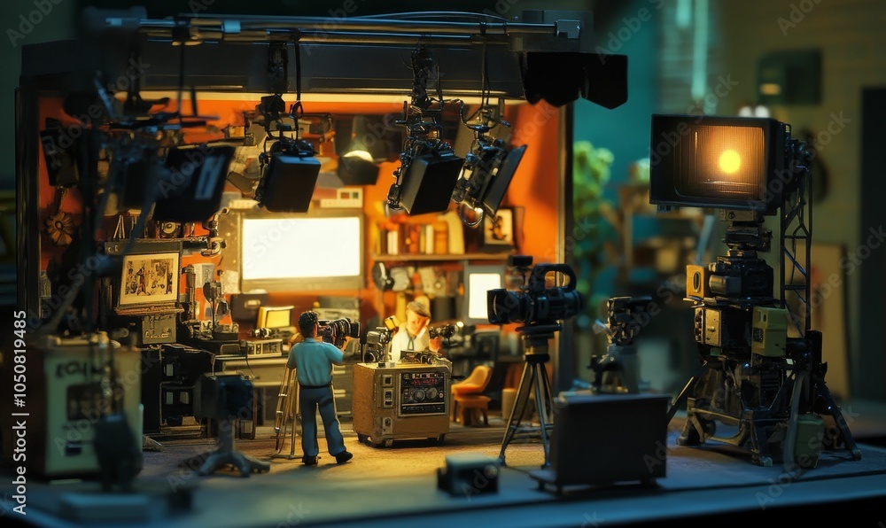 Fototapeta premium Model film set with camera crew and lights.