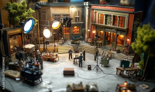 Miniature movie set with figures and lights. photo