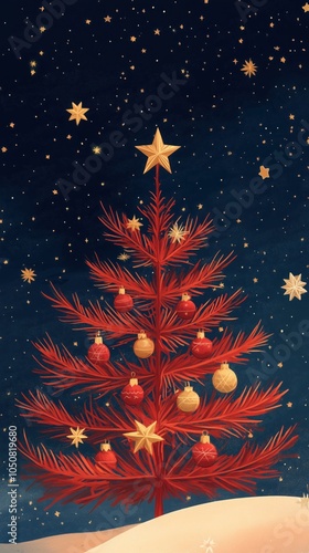 A vibrant red Christmas tree adorned with golden ornaments and stars decorates its branches, set against a dark blue sky filled with twinkling stars, Christmas theme, modern aesthetic, illustration