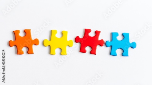 A minimalist representation of colorful puzzle pieces fitting together seamlessly on a neutral backdrop, Signifying integration and harmony, photography style