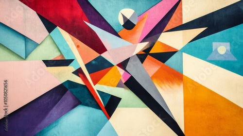 A modern art depiction of diverse abstract shapes converging towards a central point on a plain backdrop, Illustrating convergence and diversity, photography style