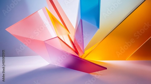 A modern art depiction of diverse abstract shapes converging towards a central point on a plain backdrop, Illustrating convergence and diversity, photography style