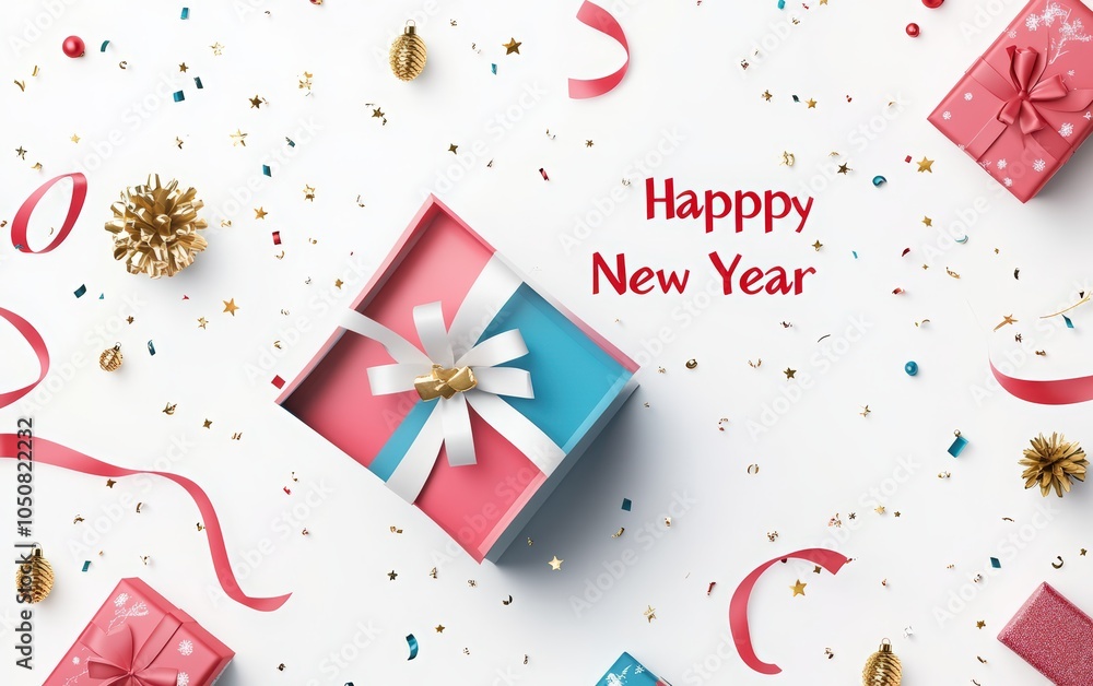Obraz premium 3D open gift box with gold confetti flying out of it, pastel blue and pink color palette, Christmas tree toy inside the open present box. Merry Christmas or happy new year concept design