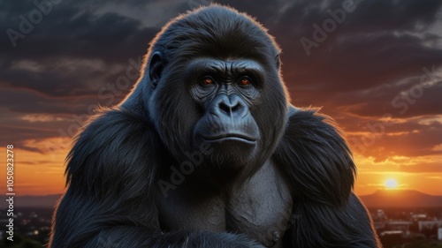 A powerful gorilla with red eyes stares intensely at the viewer in front of a dramatic sunset over a city. photo