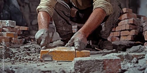  Close-up of hands placing brick with mortar, capturing intensity of manual labor, construction, and worker’s daily struggles in gritty environment. photo