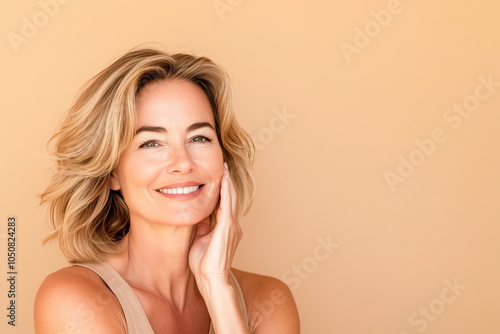 A smiling mature woman with short blonde hair touching her face, radiating confidence and natural beauty. Suitable for skincare, wellness, and beauty product advertisements targeting mature audiences.