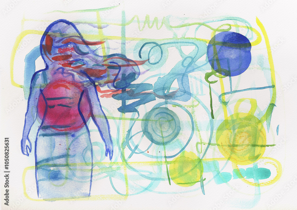 Obraz premium A Person Stands Amidst Swirling Abstract Watercolor Shapes and Circles, hand-made watercolor