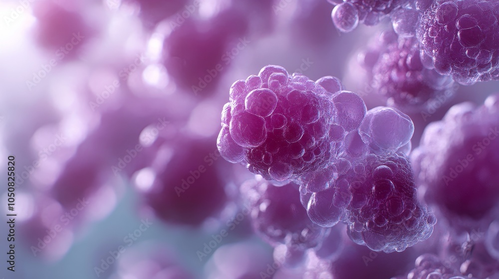 This image presents an abstract view of purple spherical clusters evocative of cell structures, emphasizing colors and textures in a soft environment. This image presents an abstract view of purple spherical clusters evocative of cell structures, emphasizing colors and textures in a soft environment.