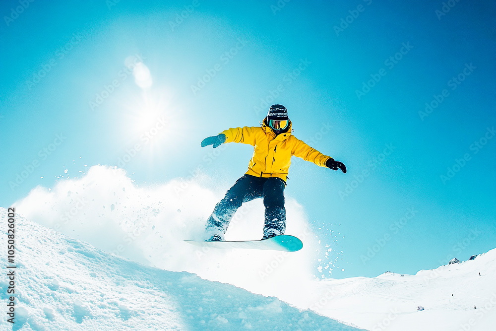 A snowboarder in action on a snowy slope, wearing bright green pants and a blue jacket, with snow flying around, capturing the thrill of winter sports. Suitable for winter sports, adventure. A snowboarder in action on a snowy slope, wearing bright green pants and a blue jacket, with snow flying around, capturing the thrill of winter sports. Suitable for winter sports, adventure.