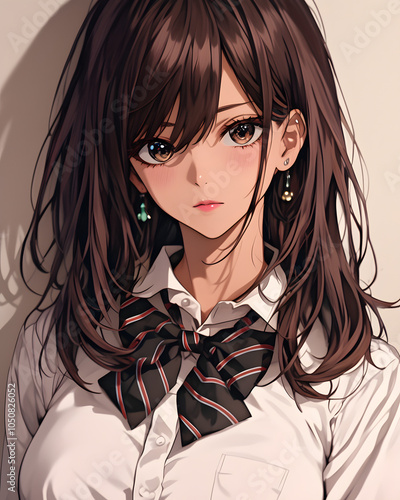 Anime Girl in School Uniform with Long Brown Hair photo