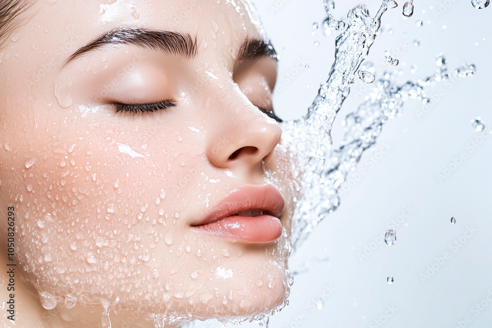 A close-up of a woman with radiant skin and water splashing around her face, exuding freshness and hydration. Suitable for skincare or beauty product advertisements, wellness campaigns. A close-up of a woman with radiant skin and water splashing around her face, exuding freshness and hydration. Suitable for skincare or beauty product advertisements, wellness campaigns.