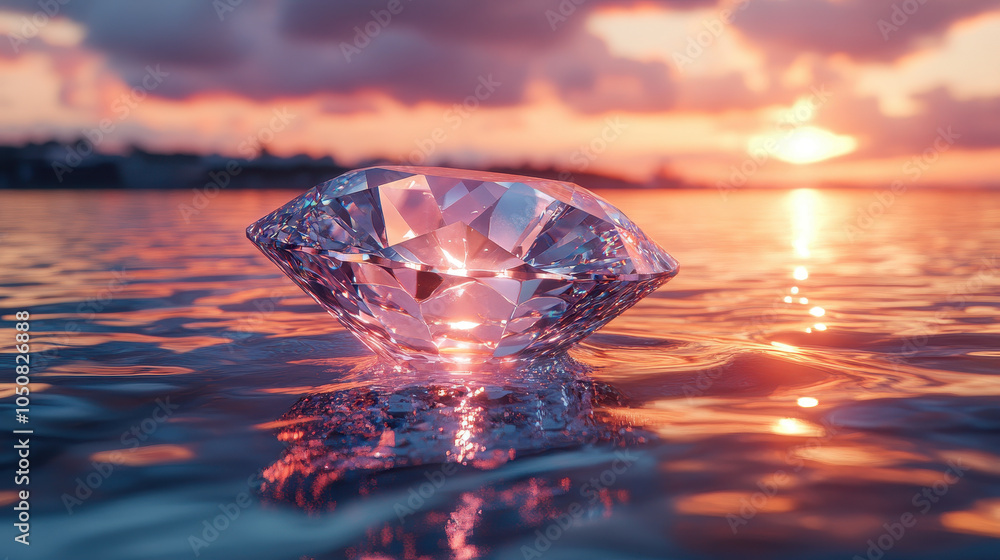 Obraz premium Luxury Shining Diamond Reflecting Sky over Rippled Water Surface at Sunset