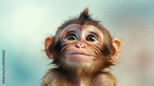 Adorable baby monkey with wide eyes and a curious expression against a soft background, AI