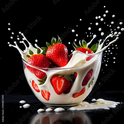 strawberry falling into milk, Ai generative.