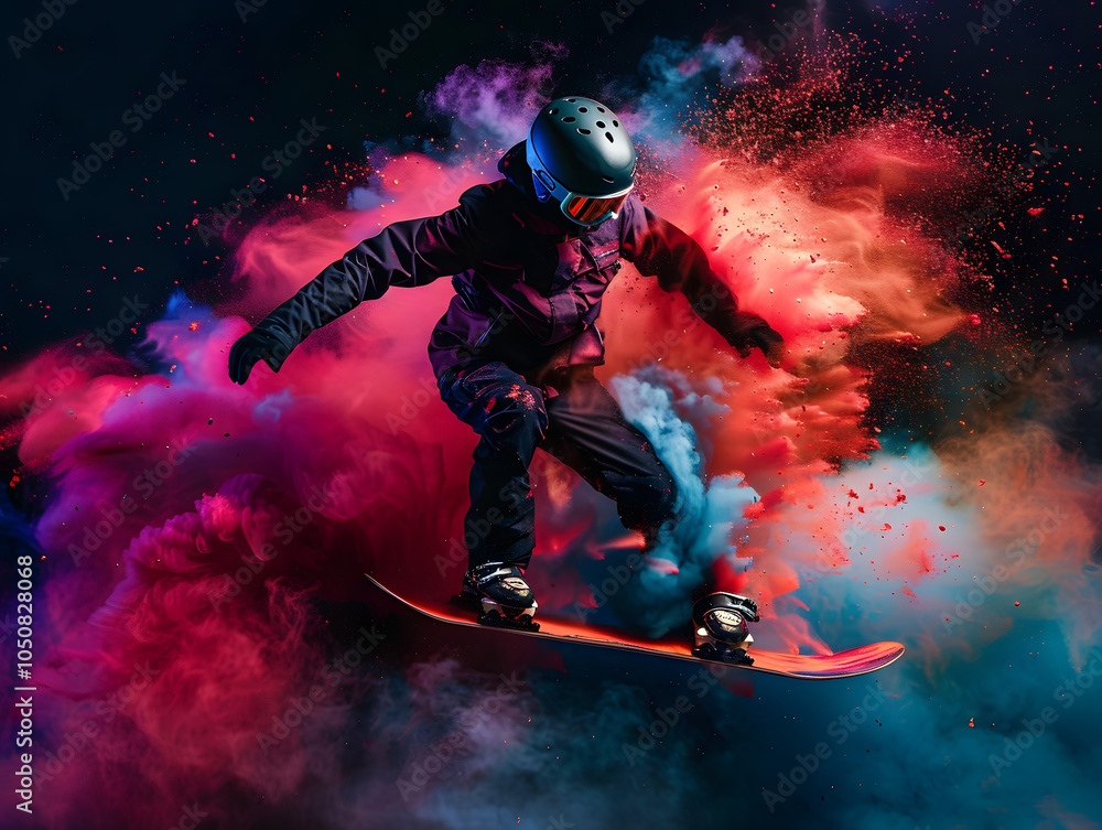 Snowboarder soaring through a pink cloud of powder in the world of sports. AI generated. Snowboarder soaring through a pink cloud of powder in the world of sports. AI generated.