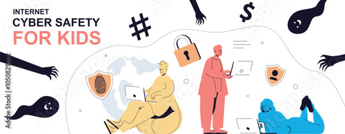 Internet cyber safety for kids concept in flat cartoon design for web banner. People take care about children and protecting online privacy, using parental control software. Vector illustration.