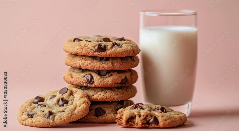 Warm chocolate chip cookies stacked beside a glass of milk on a neutral background Warm chocolate chip cookies stacked beside a glass of milk on a neutral background