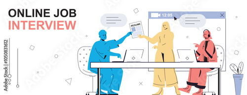 Online job interview concept in flat cartoon design for web banner. People searching new employee, selecting cv, interviewing candidates by video call and by meeting in office. Vector illustration.
