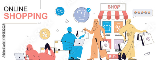 Online shopping concept in flat cartoon design for web banner. People with bags doing purchases, ordering new products using mobile app or store site by laptop, leaving feedbacks. Vector illustration.