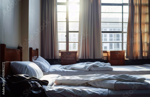 Sun-drenched hostel room with unmade beds and open windows, showcasing a serene and airy atmosphere.