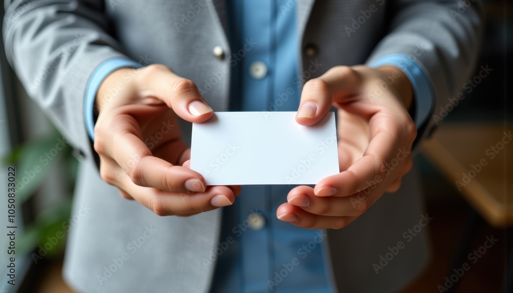 Professional holding blank business card in both hands
Professional holding blank business card in both hands