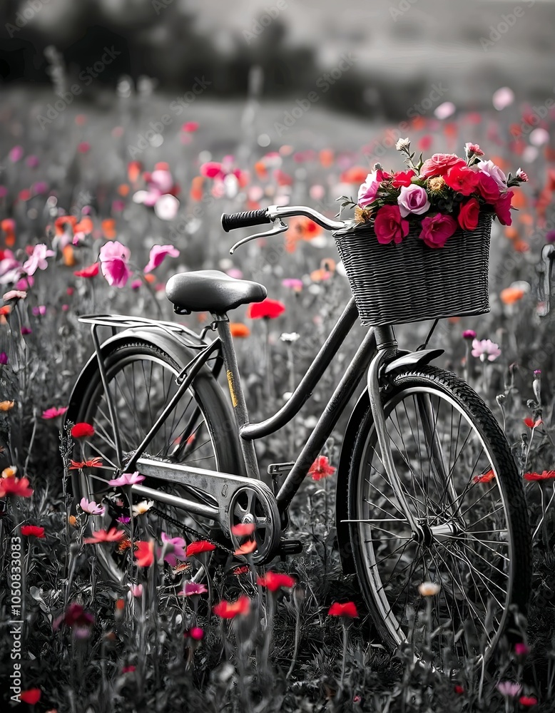 Obraz premium An old-fashioned bicycle parked in a field of colorful wildflowers, including pink and red blooms. The bicycle has a basket filled with flowers on the front