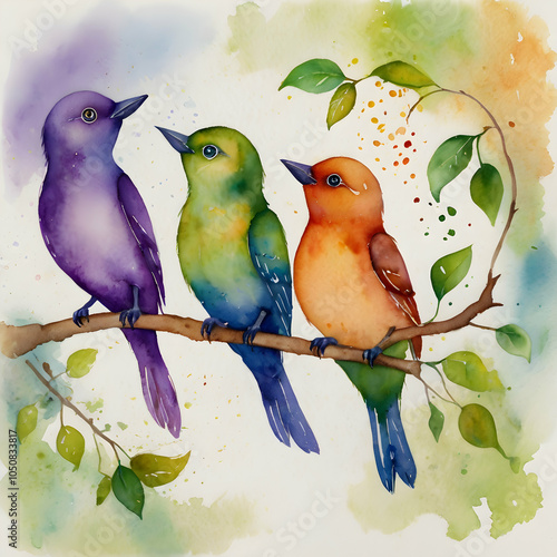 Illustrate a delightful watercolor scene of four adorable, colorful birds sitting on a leafy brown branch. Each bird, with its own unique colorpurple, green, orange, and bluehas round, playful eyes di photo