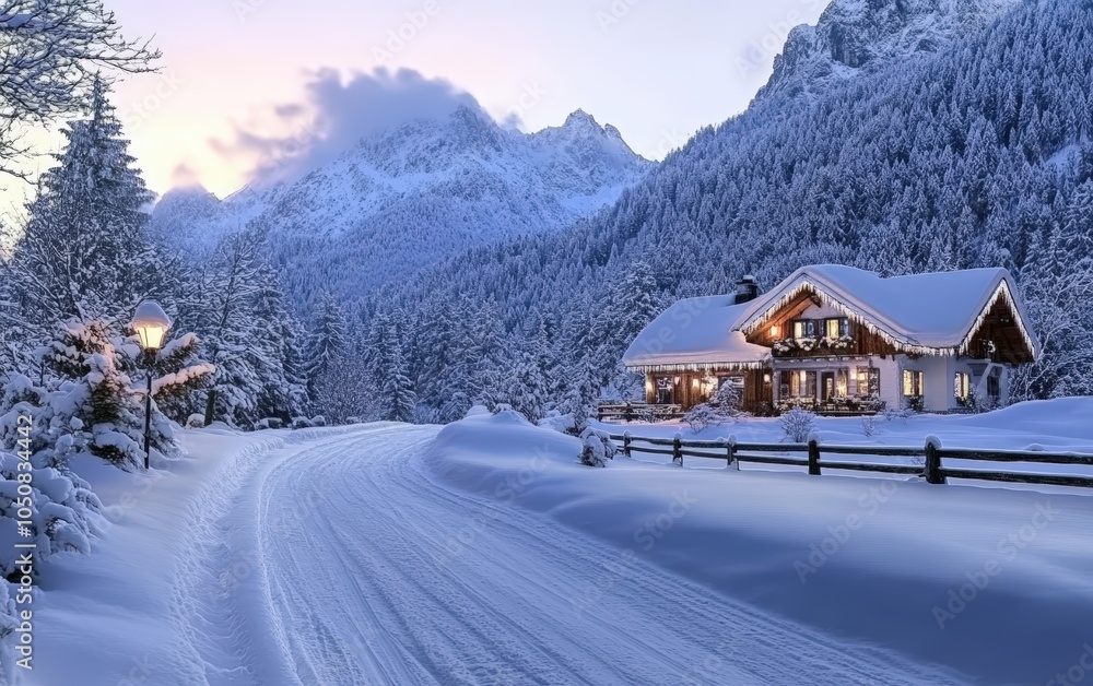 Naklejka premium Modern Mountain Chalet austrian mountains christmass snow road