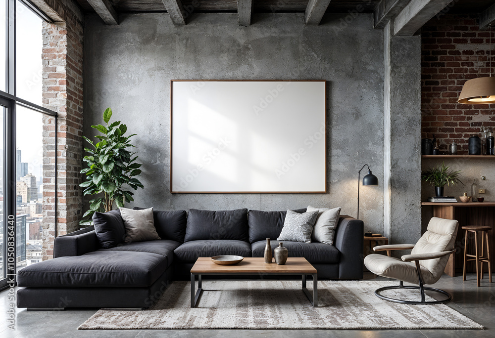 Mock up poster frame in industrial urban loft style interior background, living room, minimalistic style, template Mock up poster frame in industrial urban loft style interior background, living room, minimalistic style, template