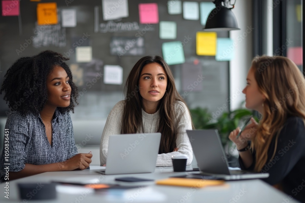 Young businesswomen brainstorming in an office, Generative AI Young businesswomen brainstorming in an office, Generative AI