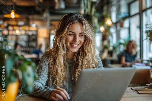 Happy businesswomen collaborating on a laptop in a modern office, Generative AI