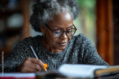 Senior black woman calculating her retirement annuity at home, Generative AI
